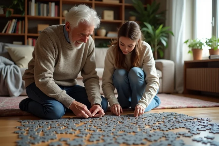 Homme âgé et jeune femme assemblant un grand puzzle dans un salon chaleureux