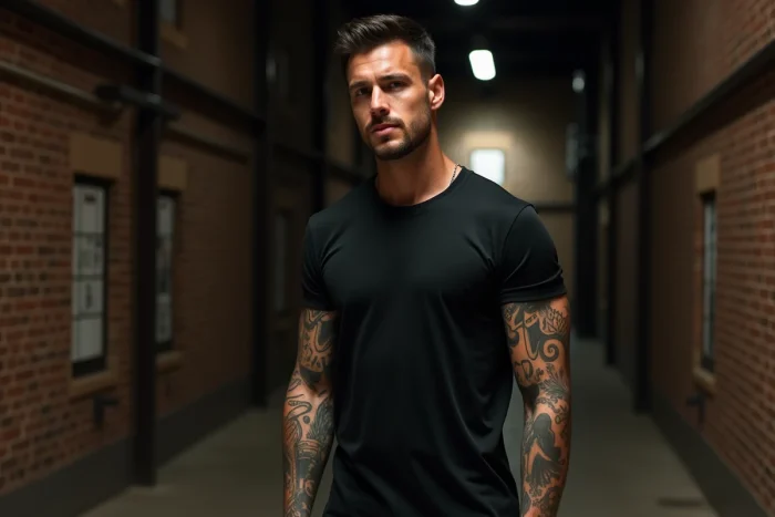 Chanteur de rock aux bras couverts de tatouages géométriques et de lettres dans un couloir backstage en briques