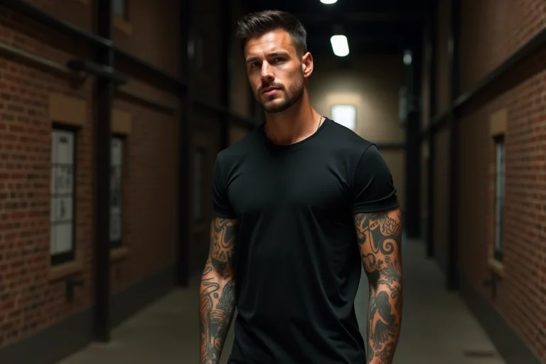 Chanteur de rock aux bras couverts de tatouages géométriques et de lettres dans un couloir backstage en briques