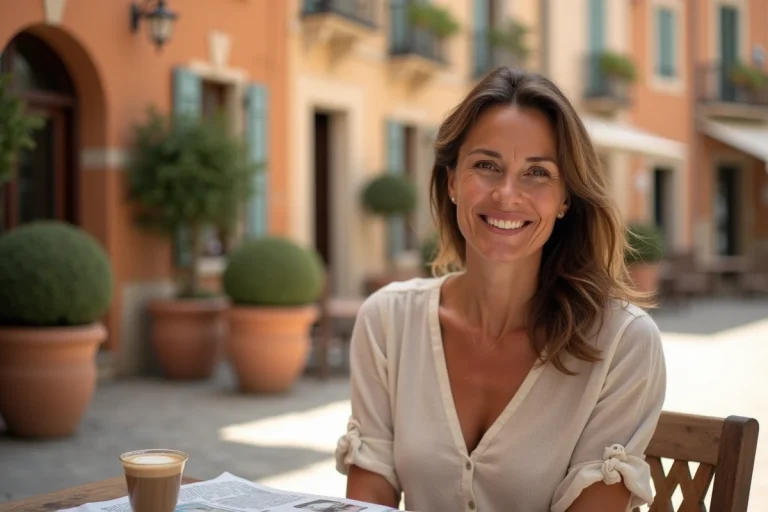 Femme souriante attablée en terrasse dans un village du sud de la France, illustrant la douceur de vivre au soleil